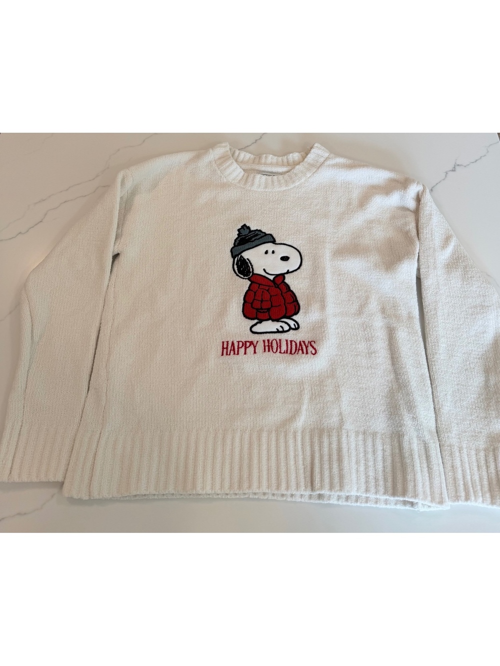 Peanuts Snoopy Happy Holidays White Crewneck Sweater Size Large